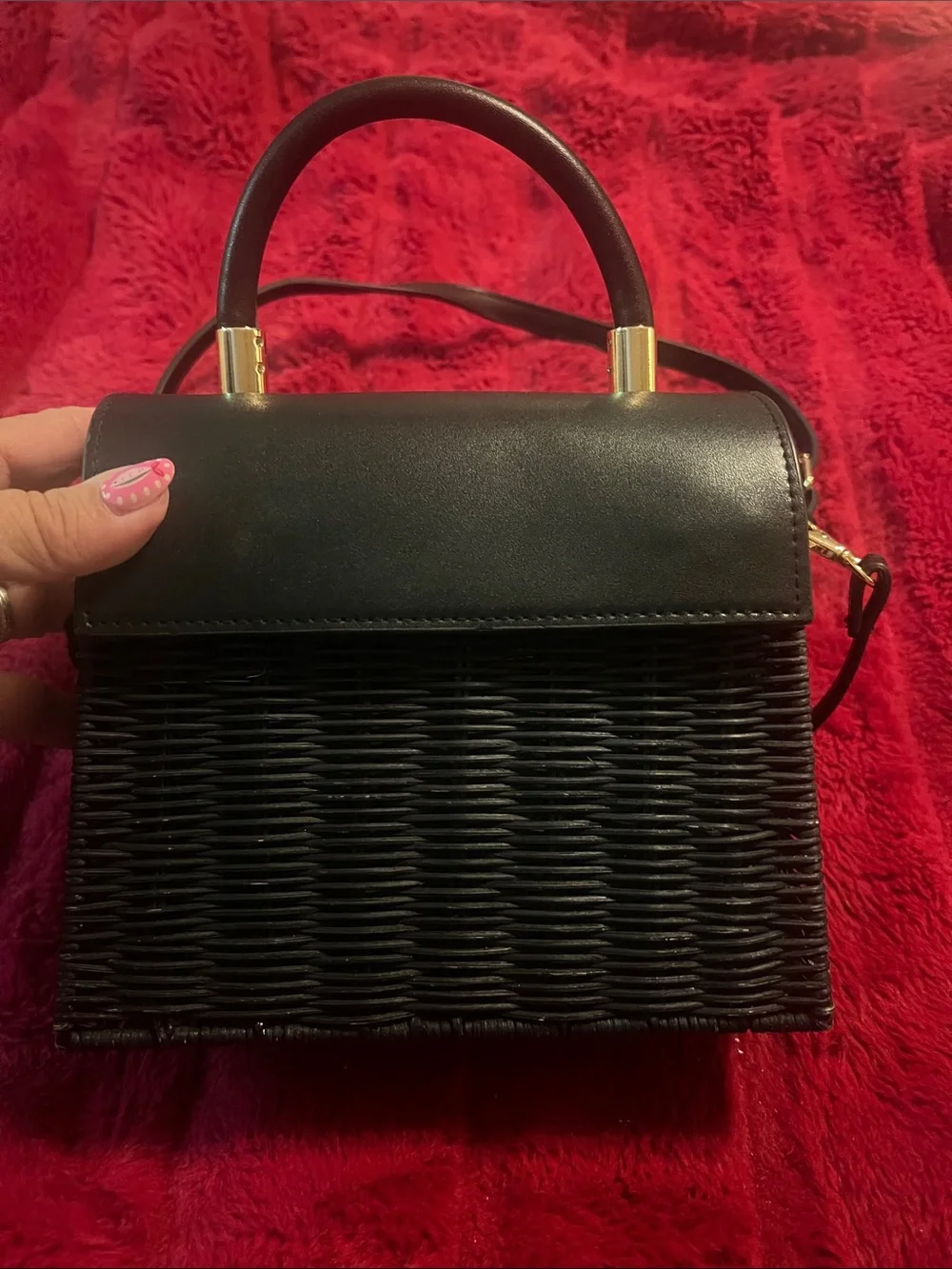 Anthropologie Black Woven Top-Handle Crossbody Bag with Gold Accents